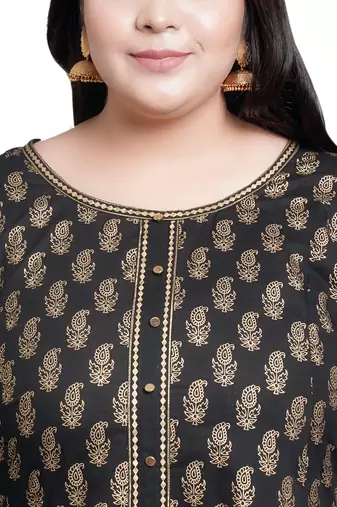 Women'S Plus Size Cotton Gold Print Anarkali Kurti (Black)