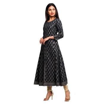 Women'S Cotton Gold Print Anarkali Kurta (Black) 3