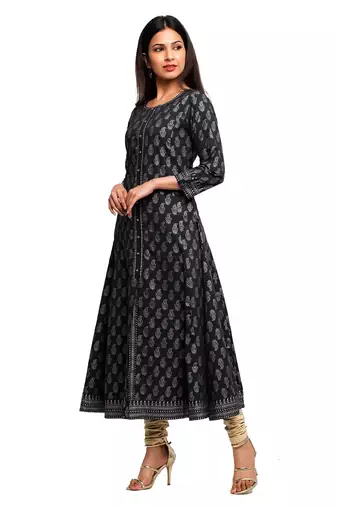 Women'S Cotton Gold Print Anarkali Kurta (Black)