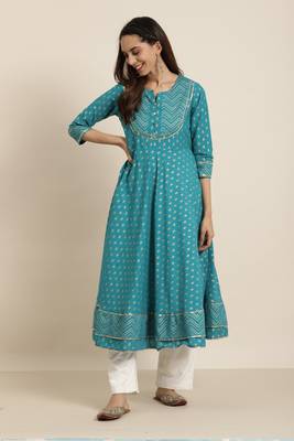 Women'S Plus Size Cotton Floral Printed Anarkali Kurta (Teal) 5