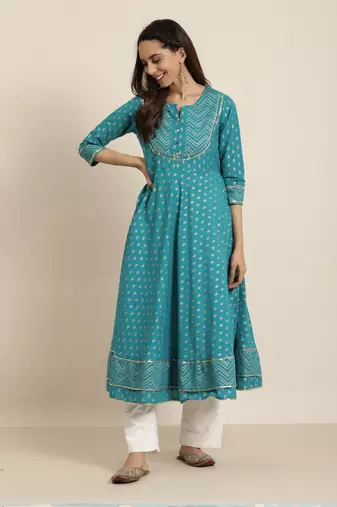 Women'S Plus Size Cotton Floral Printed Anarkali Kurta (Teal)