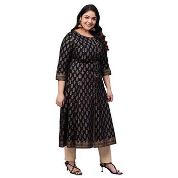 Women'S Cotton Gold Print Anarkali Kurta (Black) 4