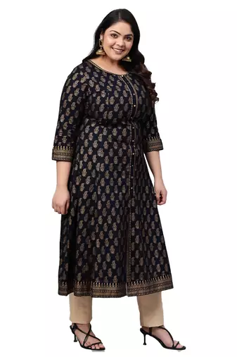Women'S Cotton Gold Print Anarkali Kurta (Black)