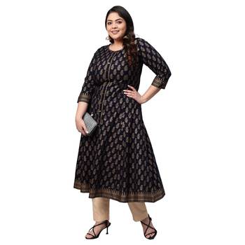 Women'S Cotton Gold Print Anarkali Kurta (Black) 5
