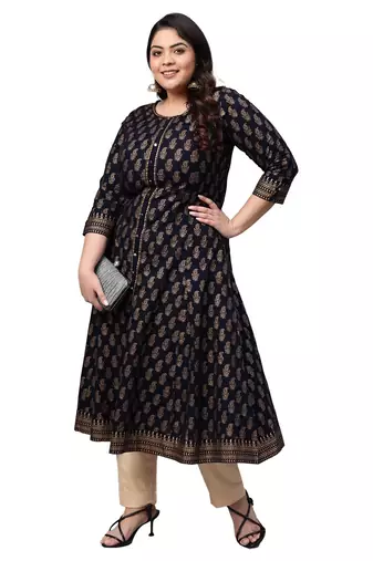 Women'S Cotton Gold Print Anarkali Kurta (Black)