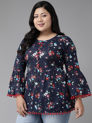 Women'S Cotton Floral Printed Flared Top (Blue) 2