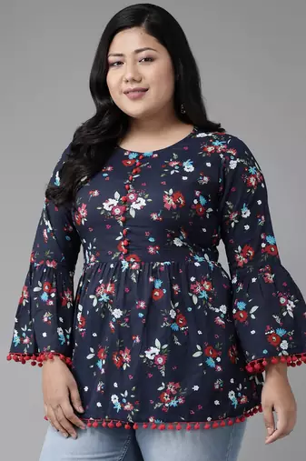 Women'S Cotton Floral Printed Flared Top (Blue)