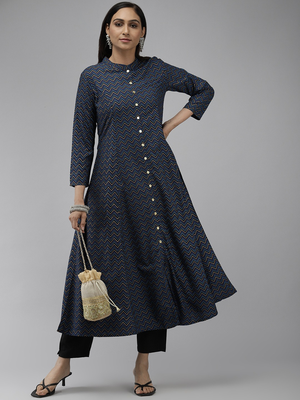 Women'S Zig Zag Printed Anarkali Kurti (Blue) 1