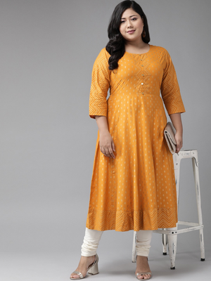 Women'S Plus Size Cotton Floral Print Anarkali Kurta (Mustard) 5