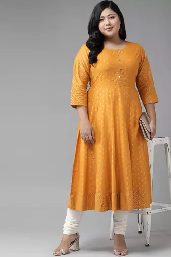 Women'S Plus Size Cotton Floral Print Anarkali Kurta (Mustard)