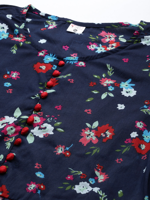 Women'S Cotton Floral Printed Flared Top (Blue) 3