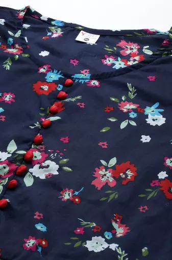 Women'S Cotton Floral Printed Flared Top (Blue)
