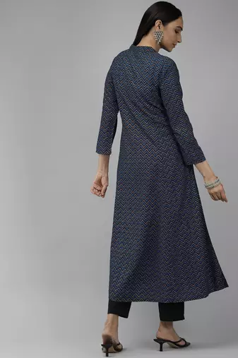 Women'S Zig Zag Printed Anarkali Kurti (Blue)