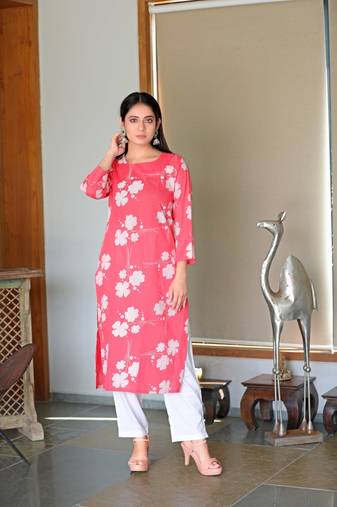 Women pink printed cotton ethnic kurti