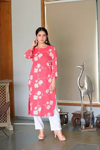 Women pink printed cotton ethnic kurti