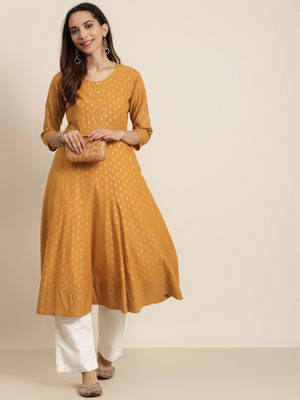Women'S Cotton Floral Print Anarkali Kurta (Mustard) 1