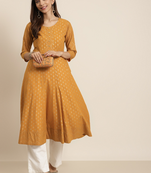 Women'S Cotton Floral Print Anarkali Kurta (Mustard)