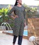Women black printed cotton ethnic kurti