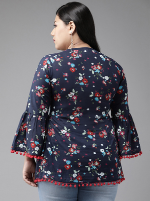 Women'S Cotton Floral Printed Flared Top (Blue) 4