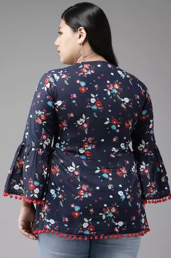Women'S Cotton Floral Printed Flared Top (Blue)