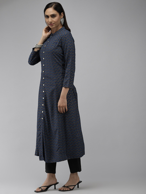 Women'S Zig Zag Printed Anarkali Kurti (Blue) 3