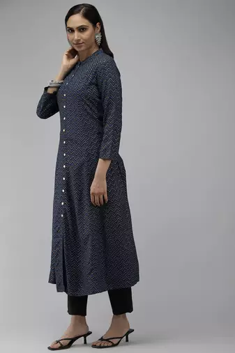 Women'S Zig Zag Printed Anarkali Kurti (Blue)