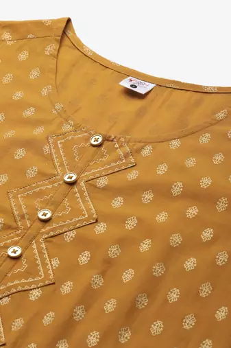Women'S Cotton Floral Print Anarkali Kurta (Mustard)