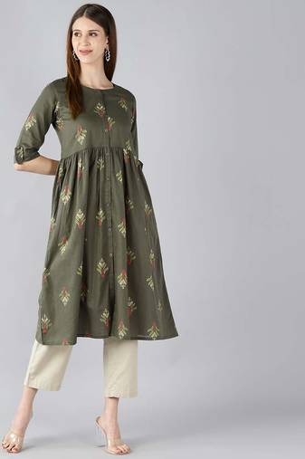 Women green printed cotton ethnic kurti