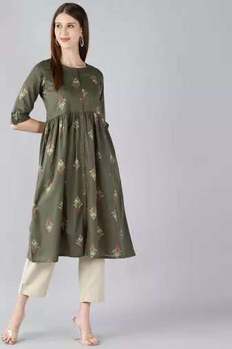 Women green printed cotton ethnic kurti