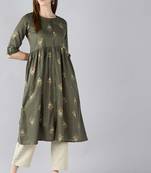 Women green printed cotton ethnic kurti