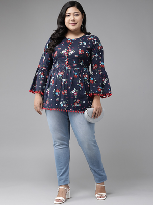 Women'S Cotton Floral Printed Flared Top (Blue) 5