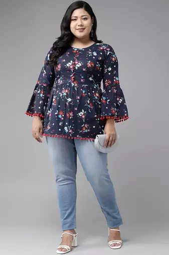 Women'S Cotton Floral Printed Flared Top (Blue)