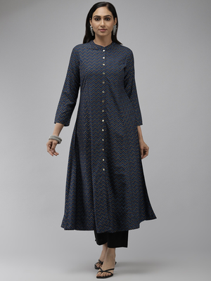 Women'S Zig Zag Printed Anarkali Kurti (Blue) 4