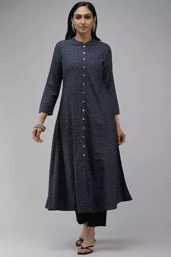 Women'S Zig Zag Printed Anarkali Kurti (Blue)
