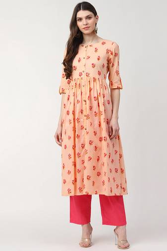 Women peach printed cotton ethnic kurti