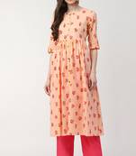 Women peach printed cotton ethnic kurti