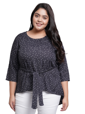 Women'S Plus Size Rayon Polka Dot Printed Regular Top(Grey) 1