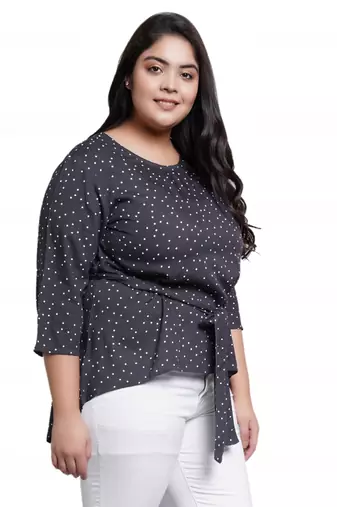 Women'S Plus Size Rayon Polka Dot Printed Regular Top(Grey)