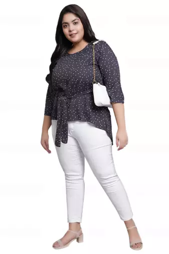 Women'S Plus Size Rayon Polka Dot Printed Regular Top(Grey)