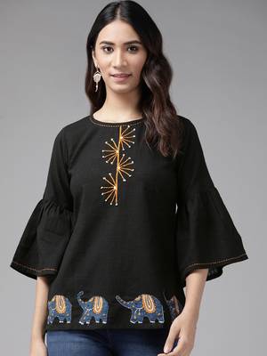 Women'S Cotton Patch Work Regular Top (Black) 1