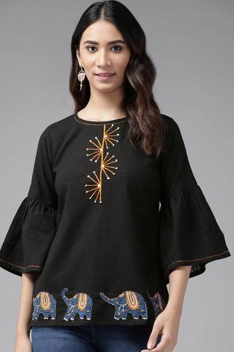 Women'S  Cotton Patch Work Regular Top (Black)