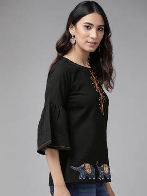 Women'S Cotton Patch Work Regular Top (Black) 2