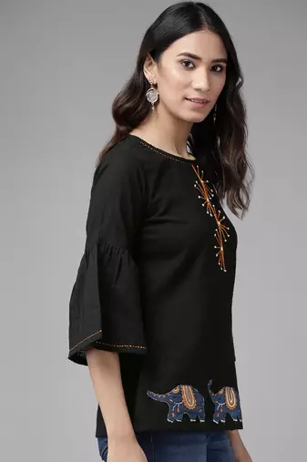 Women'S Cotton Patch Work Regular Top (Black)