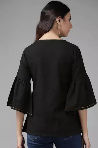 Women'S Cotton Patch Work Regular Top (Black)