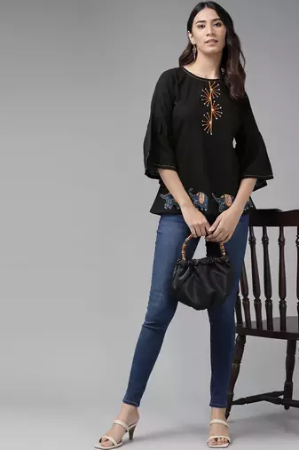 Women'S Cotton Patch Work Regular Top (Black)