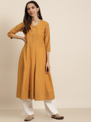 Women'S Cotton Floral Print Anarkali Kurta (Mustard) 3