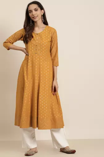 Women'S Cotton Floral Print Anarkali Kurta (Mustard)