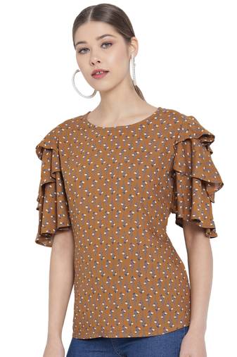 Women'S Rayon Floral Printed Regular Top (Brown)