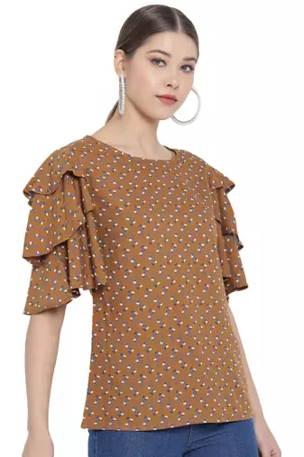 Women'S Rayon Floral Printed Regular Top (Brown)
