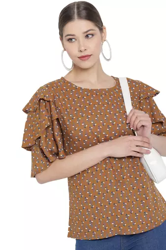 Women'S Rayon Floral Printed Regular Top (Brown)